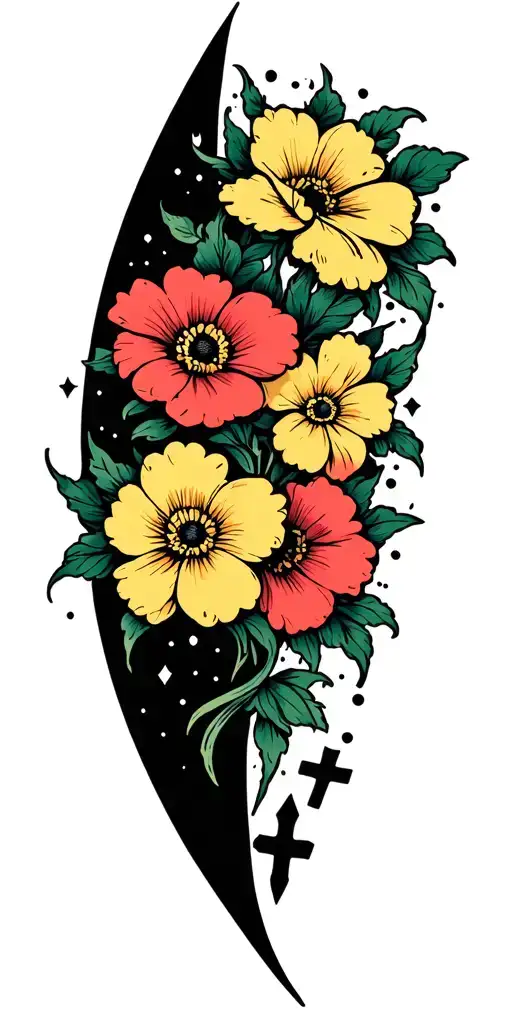 a couple small sailor Jerry flowers surrounded by big black negative spaces embellished with micro sparkles and crosses  tattoo design idea