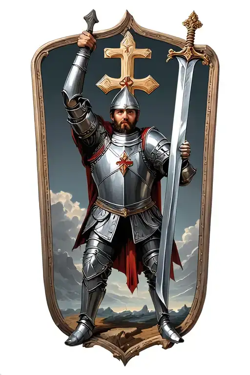 templar knight holding a sword upward, looking forward, with a christian cross in the midle of his armour tattoo design idea