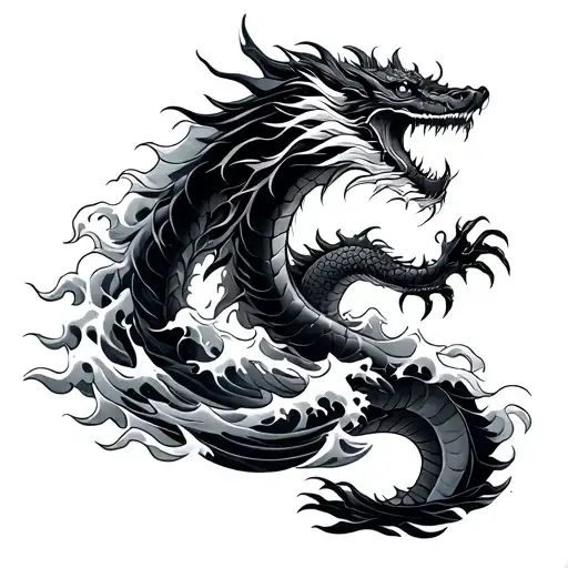 Japanese dragon sea waves crashing tattoo design idea