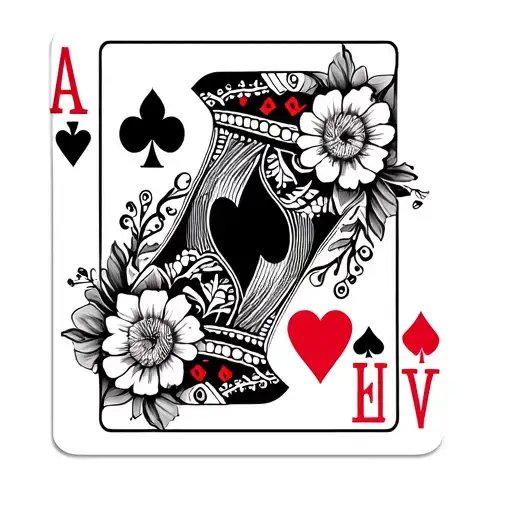 Delicate floral tattoo sleeve with henna style embellishments. Include playing cards; ace of hearts, king of hearts, que tattoo design idea
