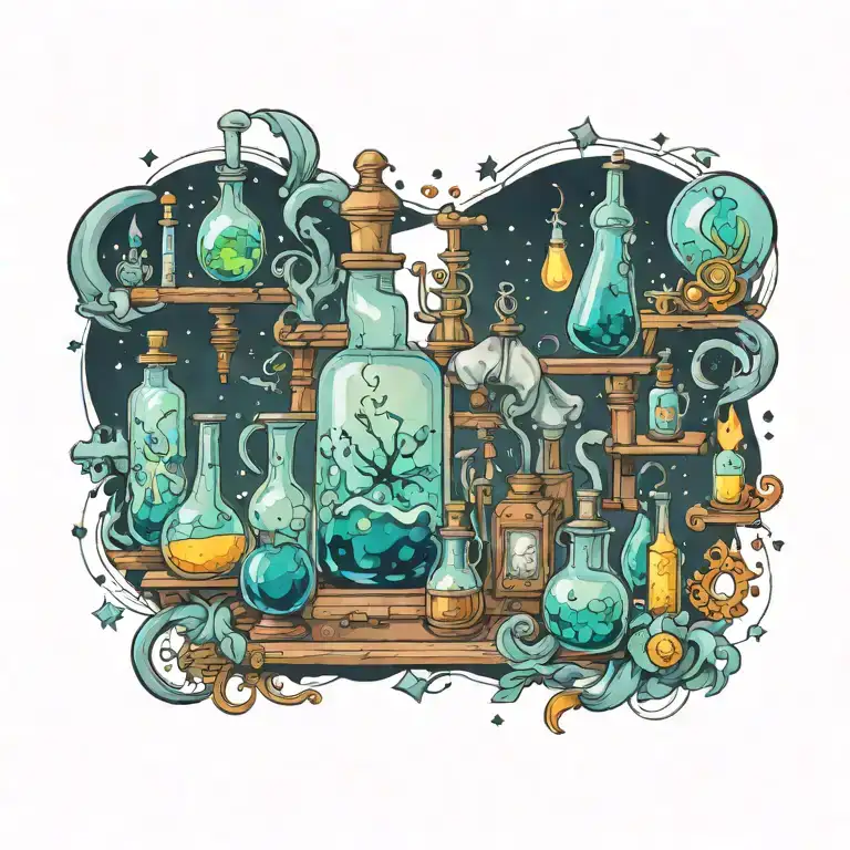 A neotraditional design of a chemist's laboratory filled with fantastical elements like floating crystals and glowing potions, surrounded by religious symbols tattoo design idea