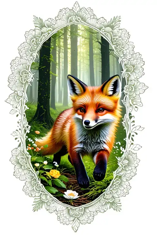 floral lace background with small fox running through forest tattoo design idea