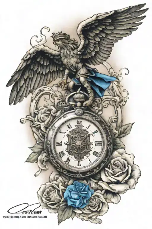 memorial for police officer with st. michael archangel and thin blue line and pocket watch for arm sleeve  tattoo design idea
