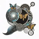 Spiral galaxy, labyrinth, infinity, key, moon, butterfly, Unalome  tattoo design idea