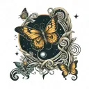 Spiral galaxy, labyrinth, infinity, key, moon, butterfly, Unalome  tattoo design idea