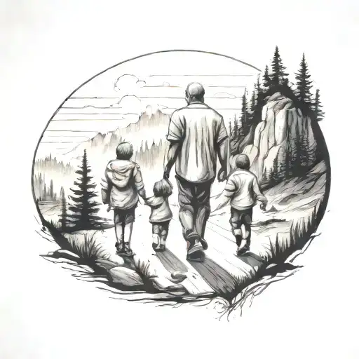 father with two kids walking down the road with forest and cliffs in background tattoo design idea