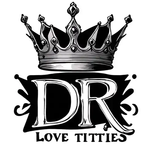 the letters DR with a crown above with a small text below that says love titties tattoo design idea