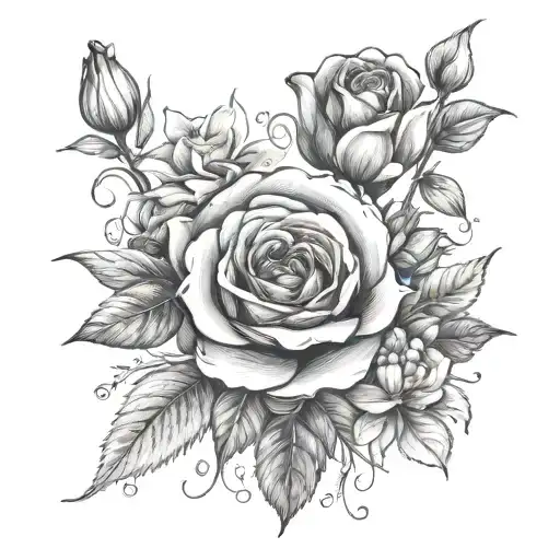 Rose, carnation, snowdrop, honeysuckle,daisy and sweet pea  tattoo design idea
