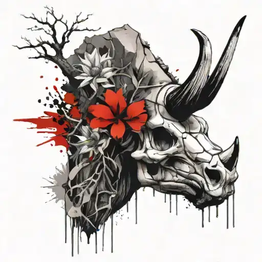 rhinoceros skull crows trees tattoo design idea