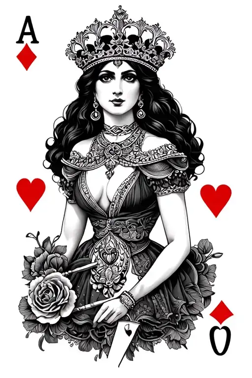 Queen of hearts, queen card, chola woman tattoo design idea