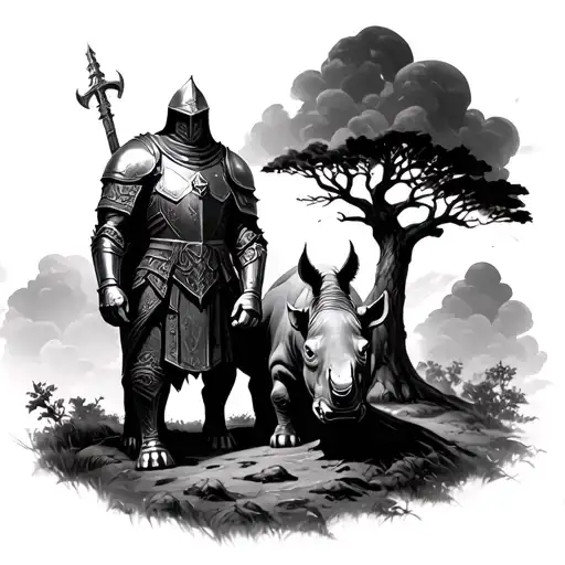 templar knight and a rhino bleded. dark scene with clouds and a kenyan tree tattoo design idea