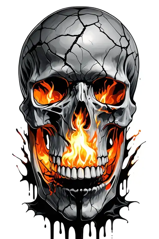 cracked skull with black ink dripping out of it, with a small flame or ember glowing inside the skull tattoo design idea