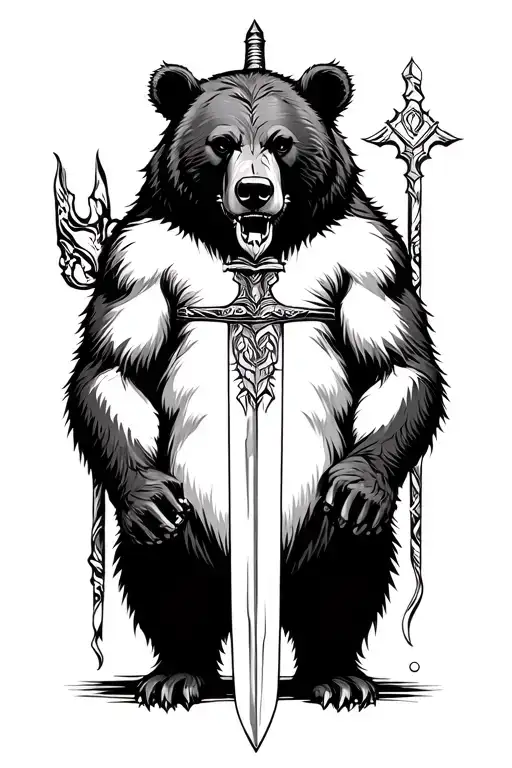 rage black bear with viking sword tattoo design idea