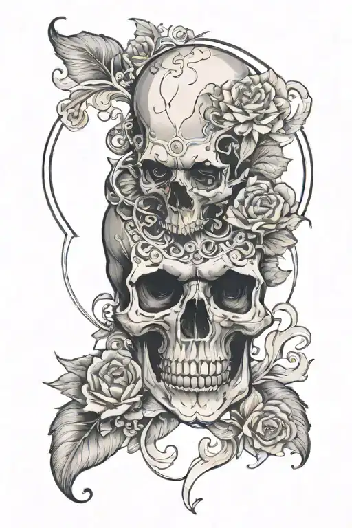 skull half bear with flourishes cardistry black and grey tattoo design idea