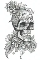 skull half bear with flourishes cardistry black and grey tattoo design idea