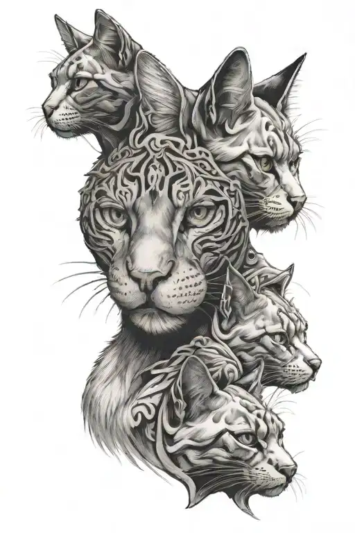 cat with 3 head tattoo design idea