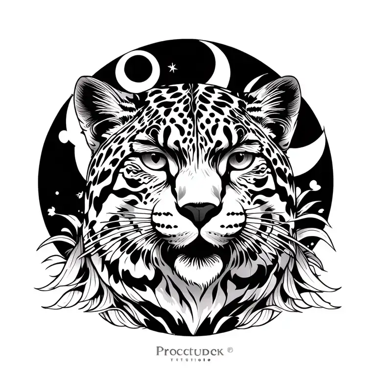 Traditional japanese snow leopard, heron moon and sun. tattoo design idea