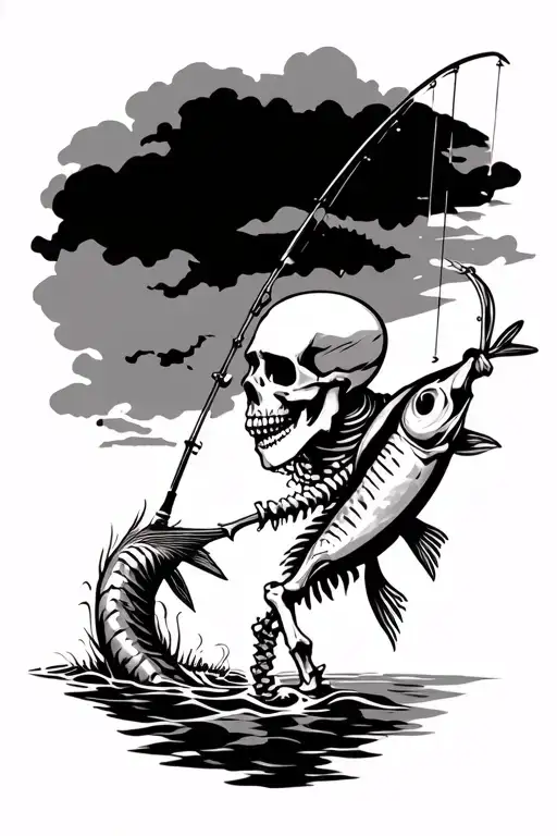 skeleton fishing tattoo design idea