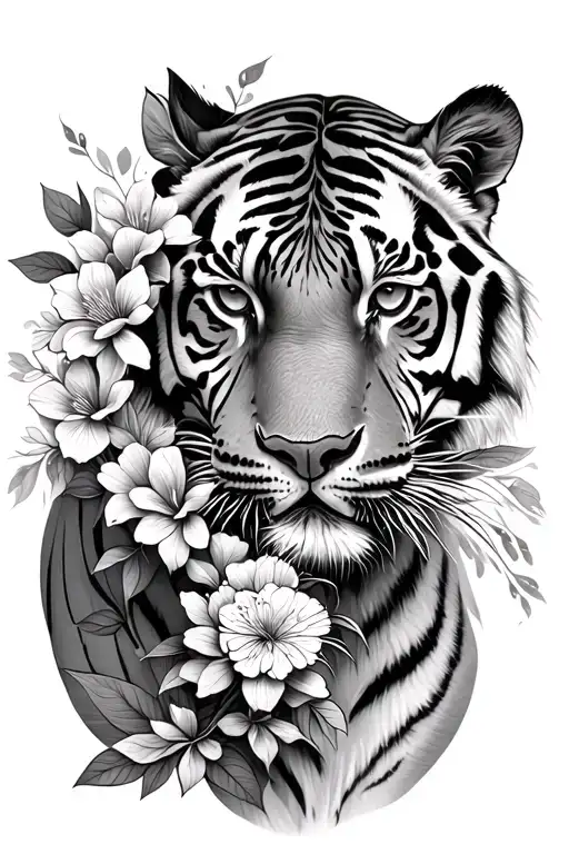 mother and daughter tiger, flowers intertwined tattoo design idea