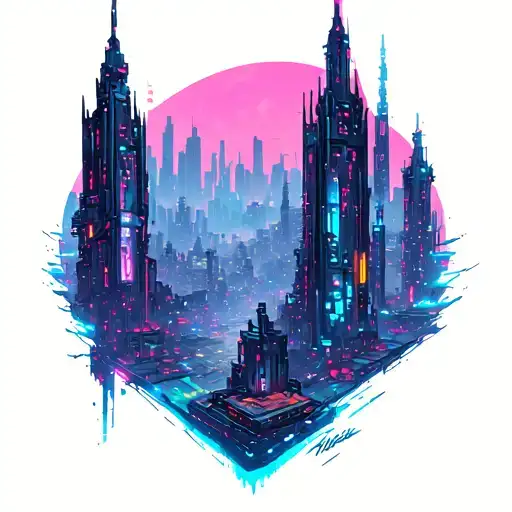 A cyberpunk cityscape with neon lights and futuristic buildings tattoo design idea