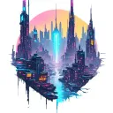 A cyberpunk cityscape with neon lights and futuristic buildings tattoo design idea