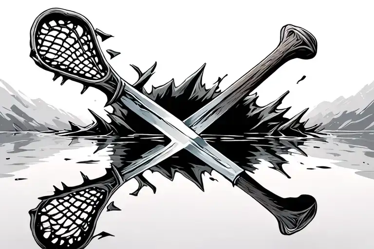 lacrosse stick broken like the sword narsil in a puddle with the reflection being the actual sword narsil from LOTR tattoo design idea