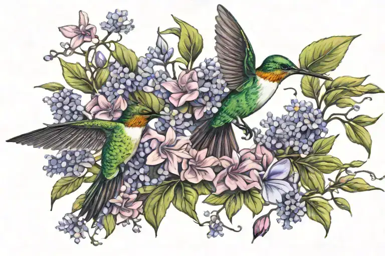 hummingbird with a butterfly bush as vines wrapped tattoo design idea