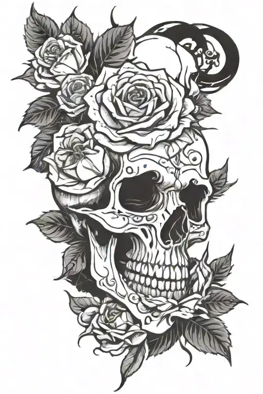 skull roses with thorns tattoo design idea