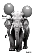 Elephant with 2 balloons in the nose, including my sons' name and date of birth. Kornél 2021.01.31. Sombor 2023.11.06. tattoo design idea