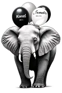 Elephant with 2 balloons in the nose, including my sons' name and date of birth. Kornél 2021.01.31. Sombor 2023.11.06. tattoo design idea