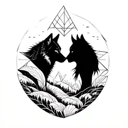 A blackwork geometric tattoo of a wolf and human facing off in a nature-inspired design tattoo design idea