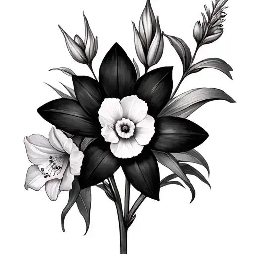 3 larkspur flowers 1 narcissus and 1 gladiolus flower tattoo design idea