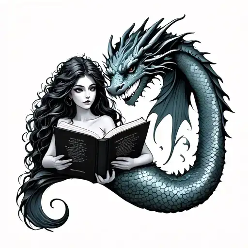 mermaid reading book with a dragon tattoo design idea