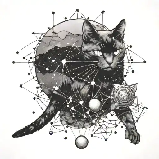 cancer constellation with a black cat perched on it, batting at the beehive cluster as if it's a yarn ball tattoo design idea