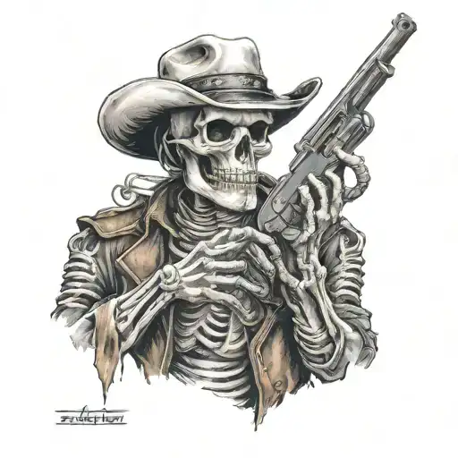 realism cowboy skeleton holding gun tattoo design idea