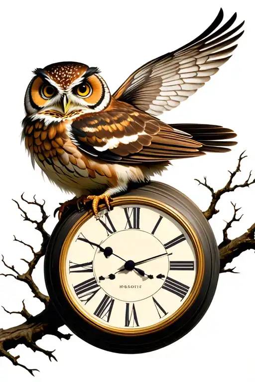 fly by night owl perched on clock face tattoo design idea