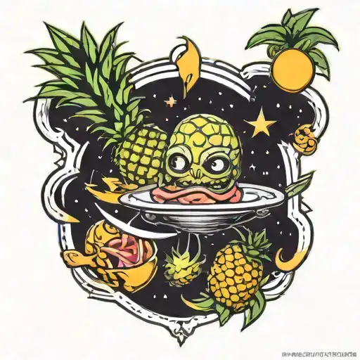 ufo abducting a pineapple ham  tattoo design idea