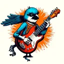 voodoo doll bird playing the electric guitar made. scary  tattoo design idea
