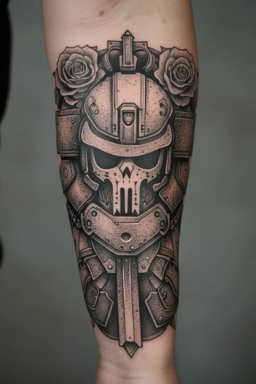 space marine warhammer 40k space marine doom slayer rose lettering tattoo design idea