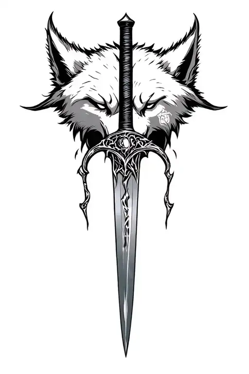 sword blade, wolf head, massacre,  darkest dungeon, hollow tattoo design idea