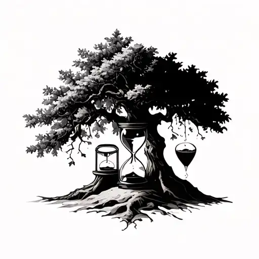 an oak tree, on the right side without leaves, on the right side a small hourglass with sand poured in it and a clock wi tattoo design idea