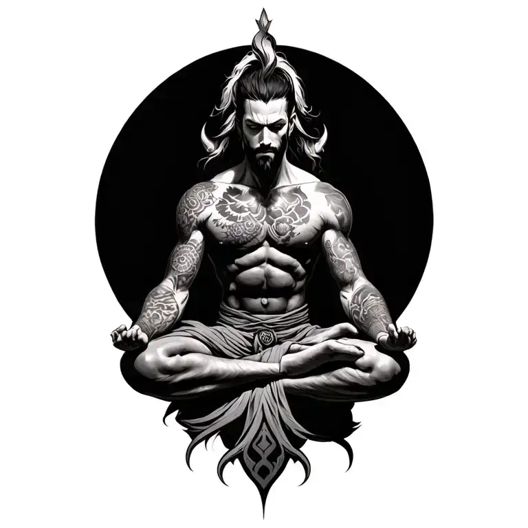 Realistic powerful warrior with tattoo sitting in meditation. Tattoo with great detail and fine lines tattoo design idea