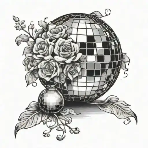 a disco ball shaped vase, with a bouquet of flowers inside, the disco ball vase is broken in two tattoo design idea