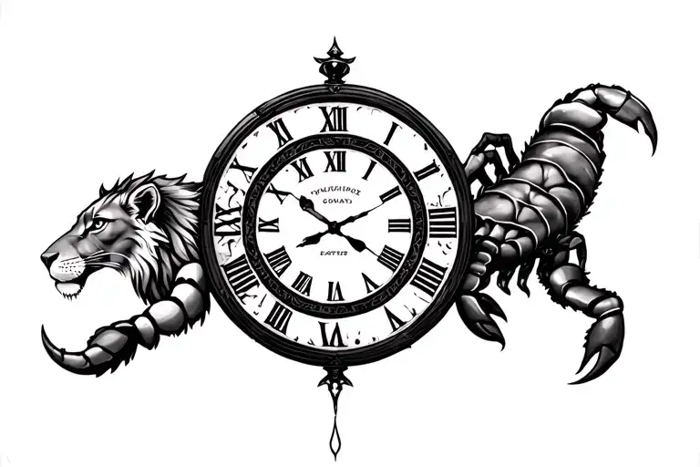 lion lioness clock and scorpion tattoo design idea