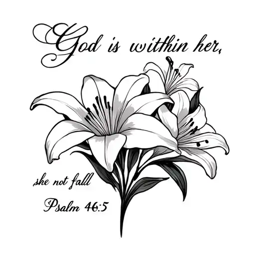 Lily flowers back tattoo with the verse God is within her; she will not fall Psalm 46:5 tattoo design idea