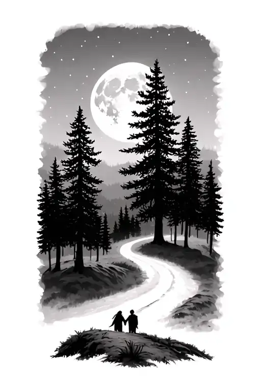 pine forest with one more road a couple and the moon tattoo design idea
