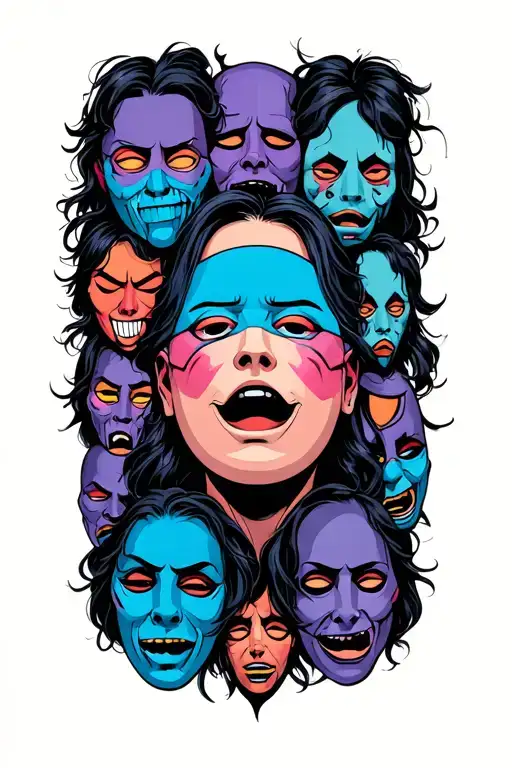 A person with a blank face, surrounded by masks with different emotions (indifference, joy, sadness, anger, surprise),  tattoo design idea