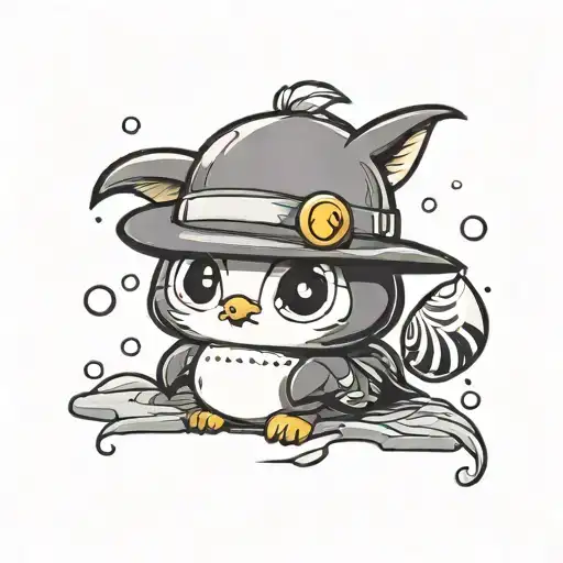 chibi manga penguin wearing cat ear hat and holding a cat head shaped pebble in hands tattoo design idea