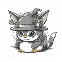 chibi manga penguin wearing cat ear hat and holding a cat head shaped pebble in hands tattoo design idea