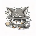 chibi manga penguin wearing cat ear hat and holding a cat head shaped pebble in hands tattoo design idea